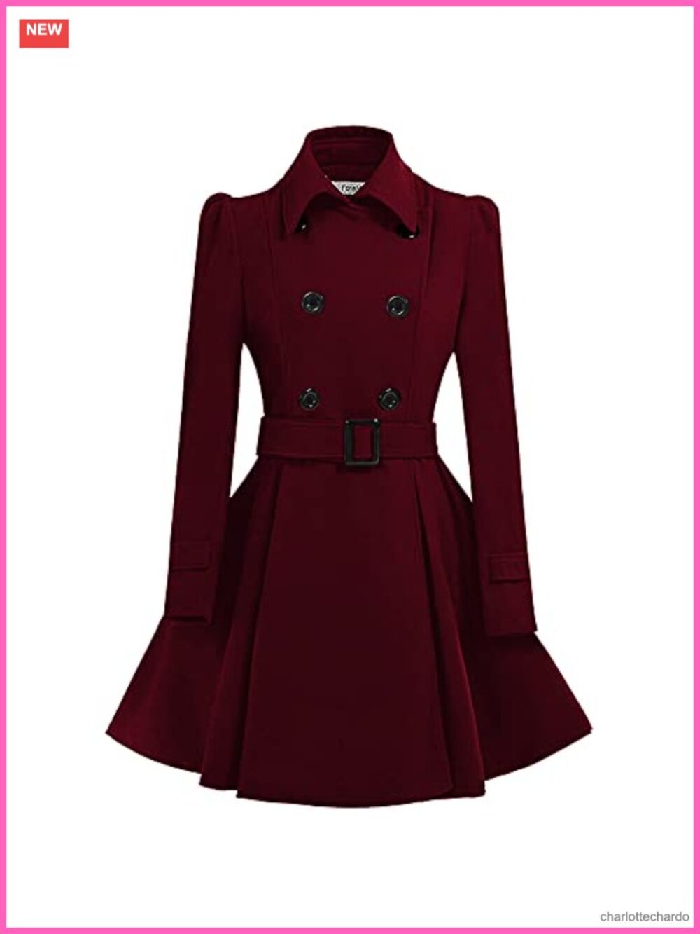 Wool Blend Pea Coat Double-Breasted Swing A-Line Belted Women's